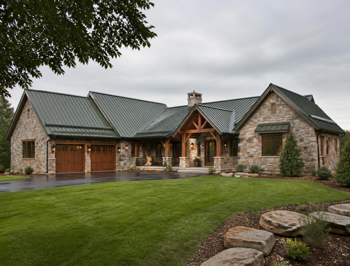 Stone ranch home with a forest green standing seam metal roof