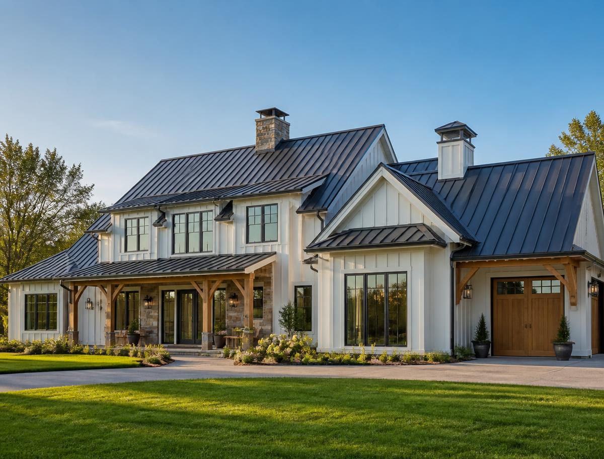 Modern farmhouse with a dark standing seam metal roof